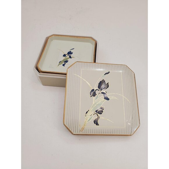 Vintage Japanese Otagiri iris set of 6 coasters in small trinket box - Picture 5 of 10